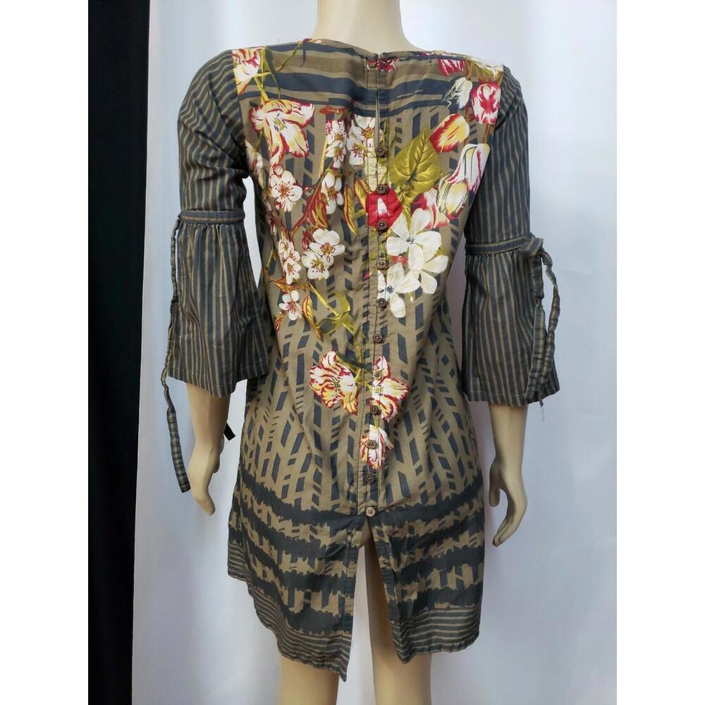 Khaadi Greeb Blue Striped Dress top shirt size 8 Green Floral #C